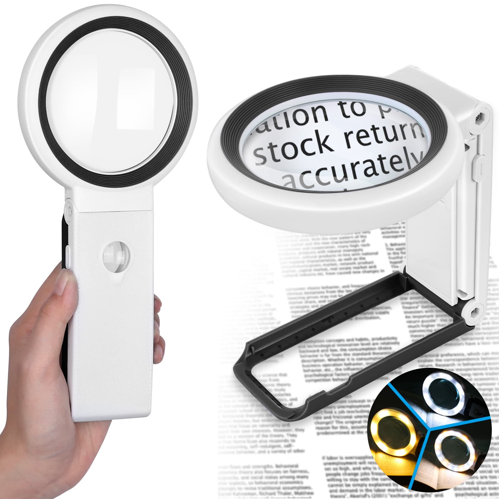 AIXPI Magnifying Glass with Light and Stand, Foldable Handheld Magnifying Glass 18 LED Illuminated Lighted Magnifier for Macular Degeneration, Seniors Reading, Close Work, Coins, Jewelry L106-WBlack 30X40X