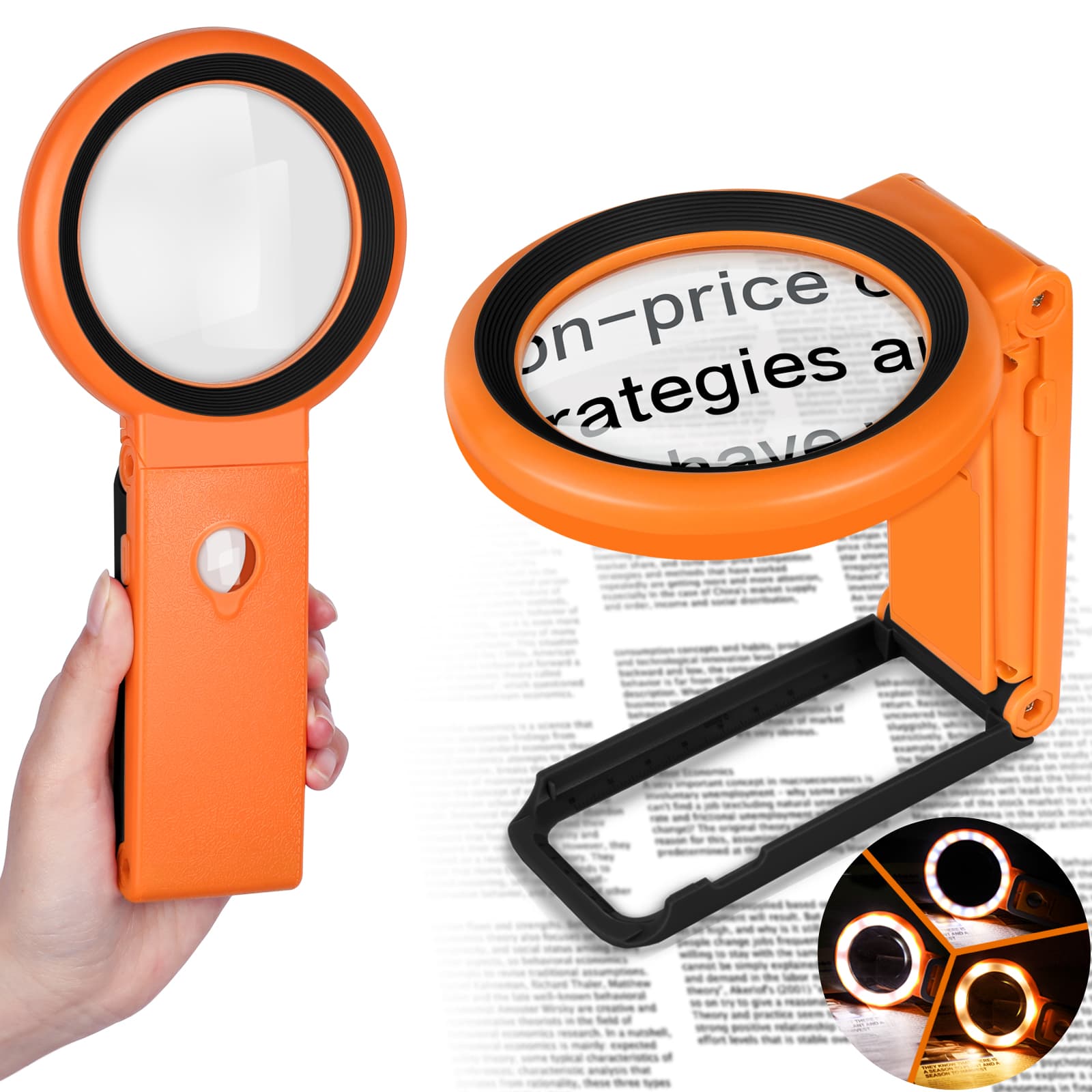 AIXPI Magnifying Glass with Light and Stand, Foldable Handheld Magnifying Glass 18 LED Illuminated Lighted Magnifier for Macular Degeneration, Seniors Reading, Close Work, Coins, Jewelry   L106-ORANGE