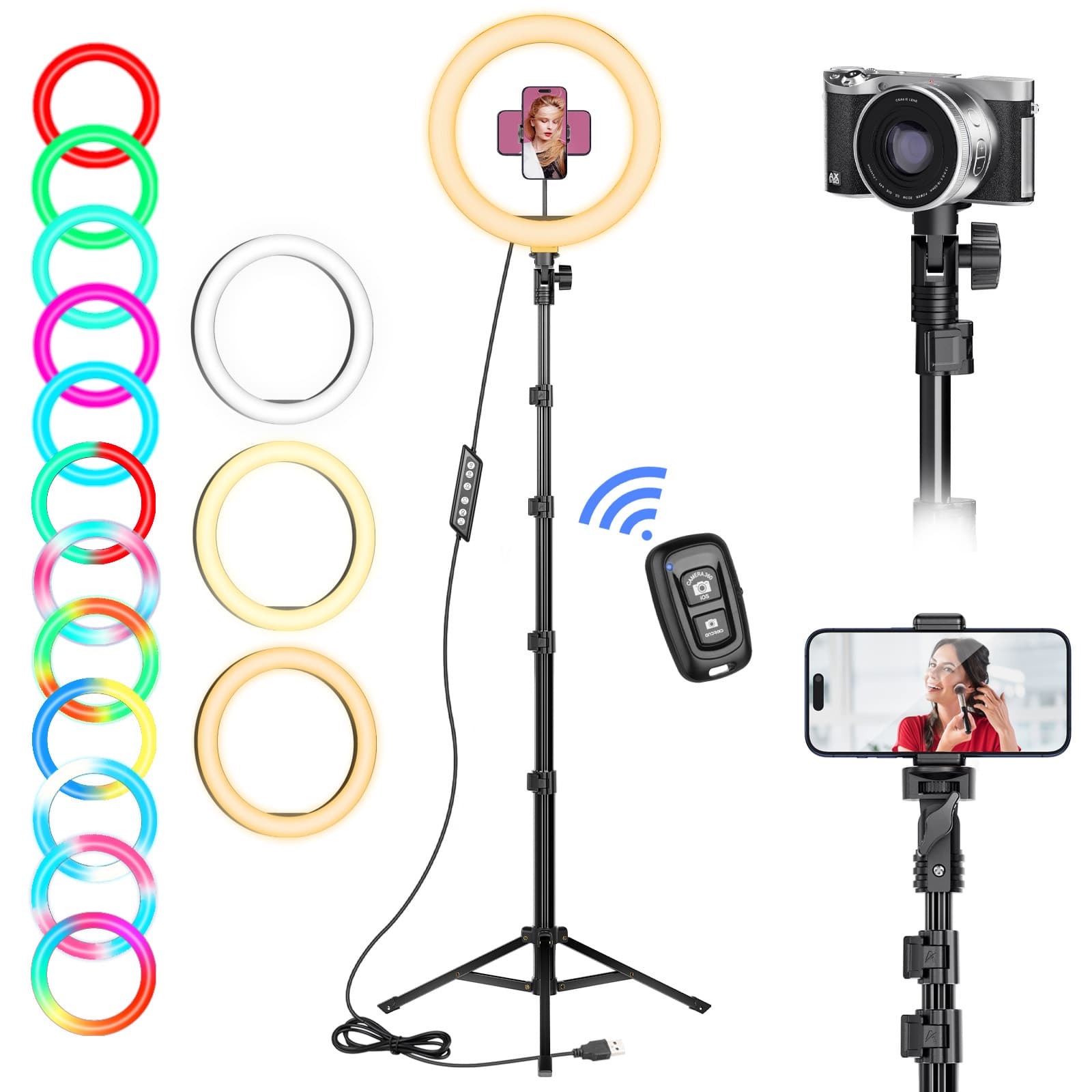L220 10'inch RGB Selfie Ring Light with Tripod Stand, Stepless Dimmable/Speed LED Ring Light for i