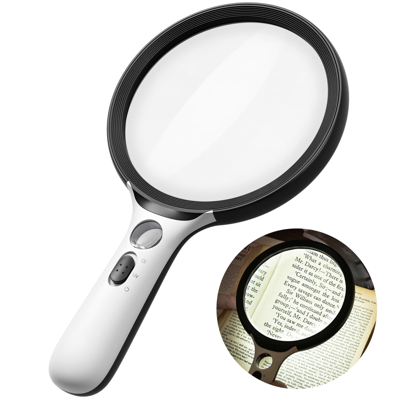 AIXPI L108 Large magnifying glass with light 10x 20x handheld clear magnifying glass with 24LED high brightness White-BLACK
