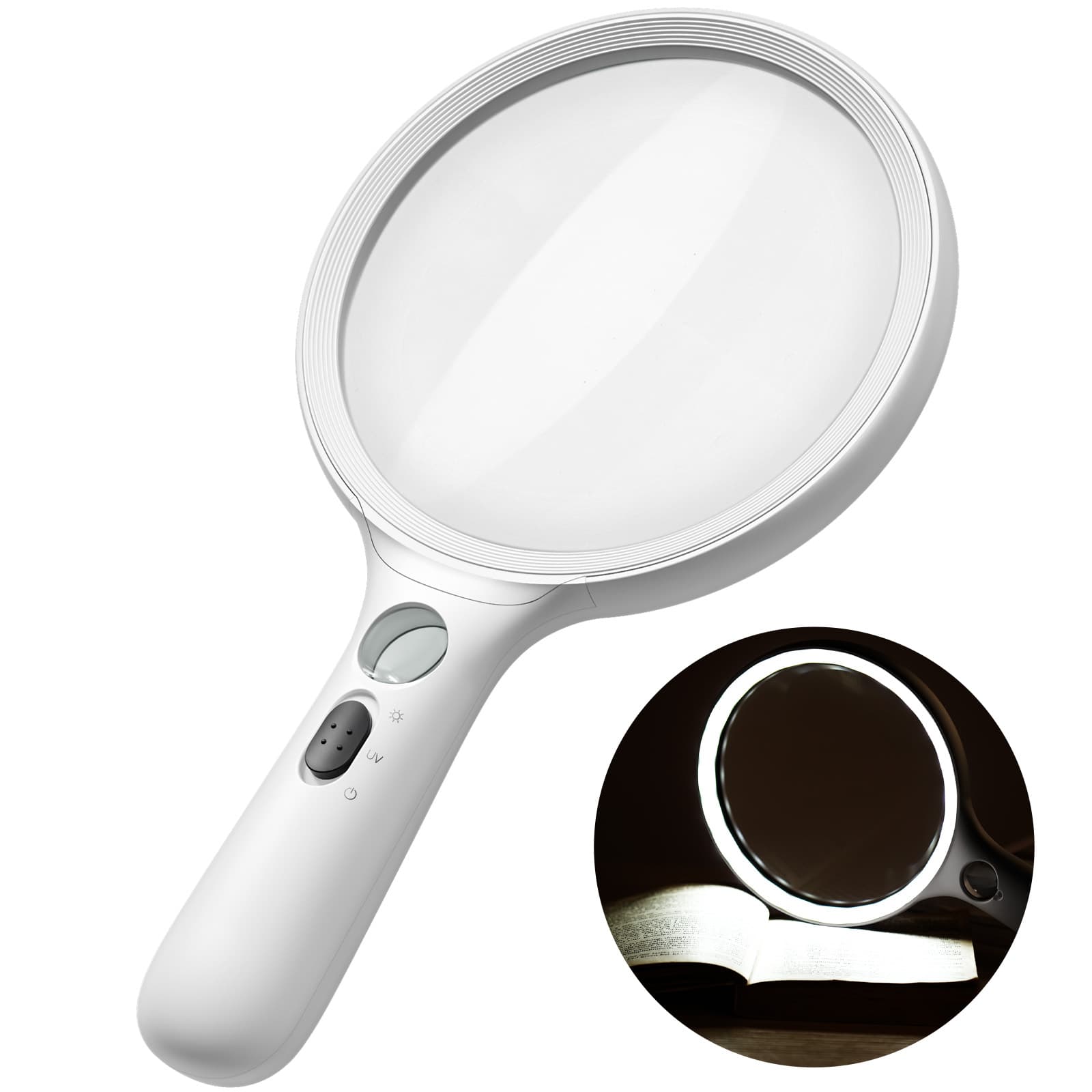 AIXPI L108 Large magnifying glass with light 10x 20x handheld clear magnifying glass with 24LED high brightness White