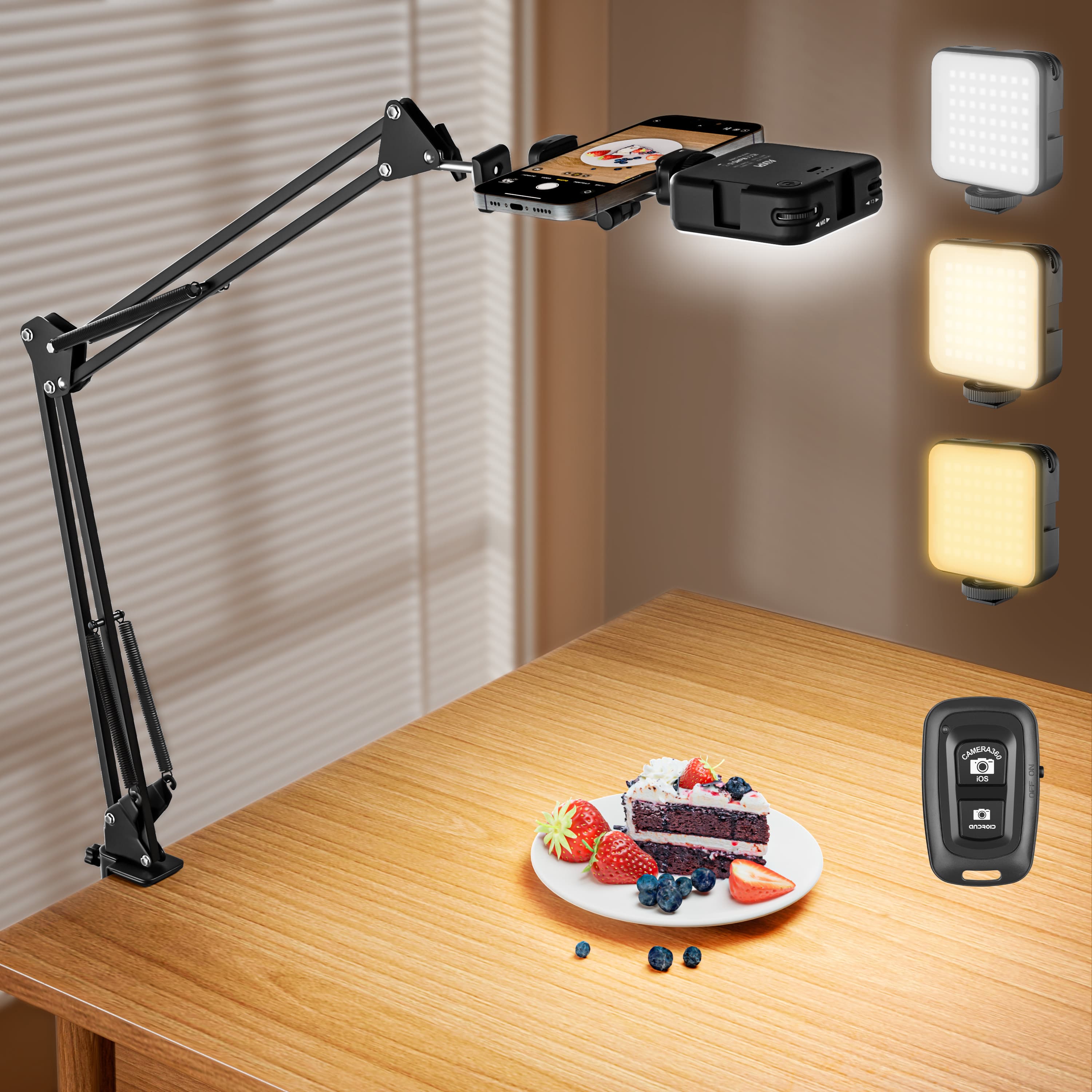 Overhead Phone Mount, Articulating Arm Cell Phone Holder with LED Light, Flexible Phone Stand for Live Streaming, Video Recording, Painting Lighting, Cooking