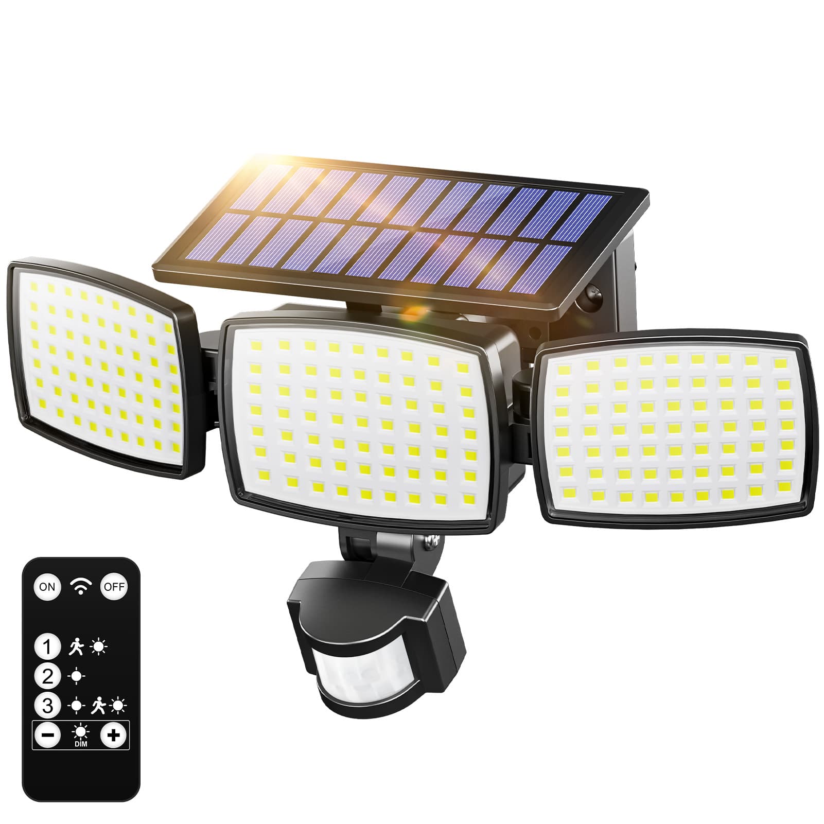 AIXPI JY2512 Solar Security Light Outdoor 189 LED 1000lm，Solar-Powered Waterproof Wall-Mounted Flood Light with Remote Control  w/PIR Motion Sensor, 3 Heads, IP65 Waterproof, 3 Modes (one Pack)
