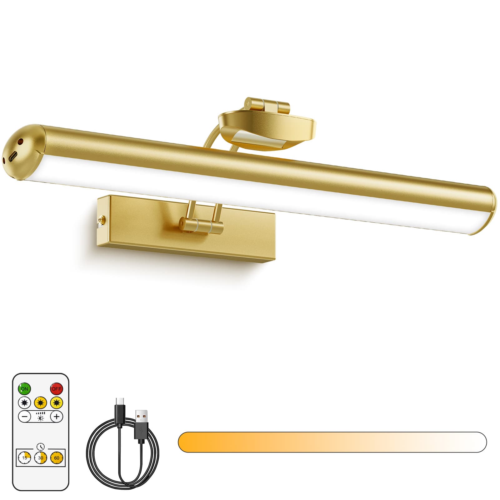 AIXPI YM-TY   Wall wireless picture light, battery powered wall light, used for painting, rechargeable 3CCT rotatable art gallery light, with remote control adjustable dimming timer, used for displaying art frame dartboard (Gold, 12.6 inches) Single pack