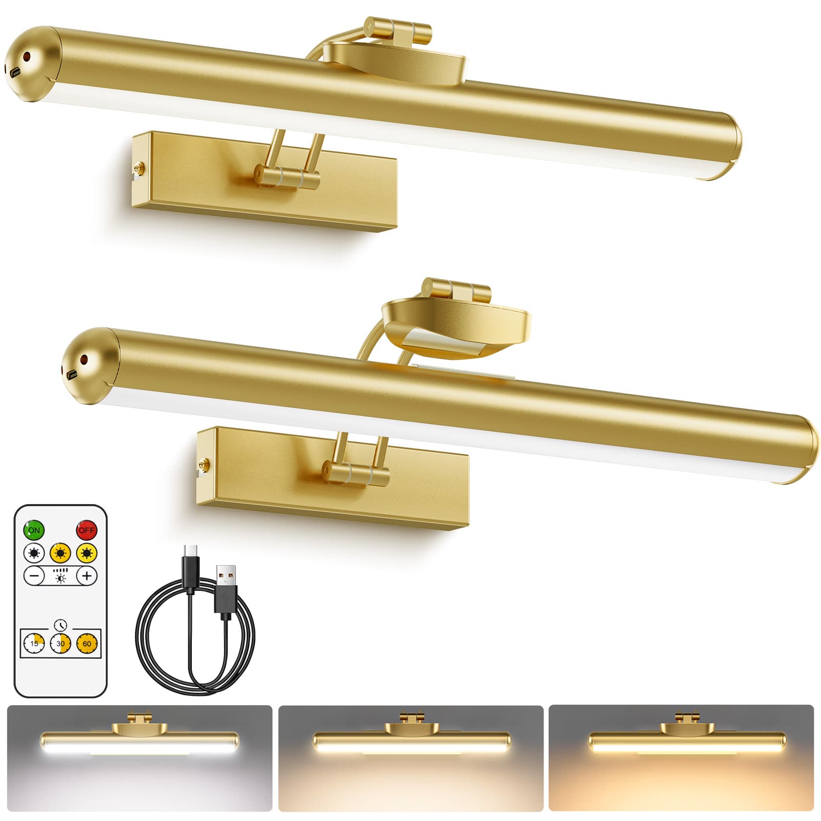 AIXPI YM-TY   Wall wireless picture light, battery powered wall light, used for painting, rechargeable 3CCT rotatable art gallery light, with remote control adjustable dimming timer, used for displaying art frame dartboard (Gold, 12.6 inches) Two packs