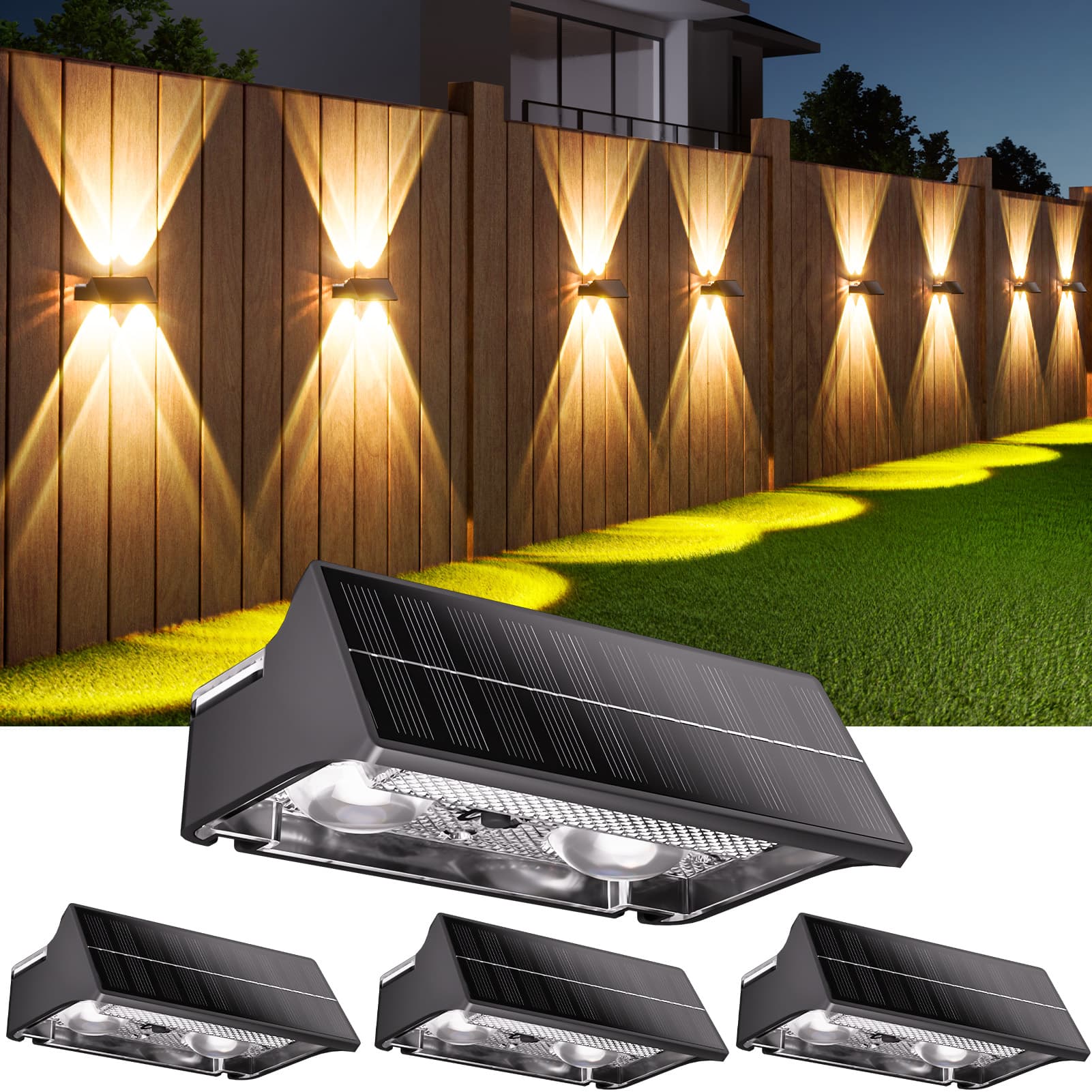 AIXPI KF04I-S4 Solar Fence Lights 4 Pack, 9 Color Modes Outdoor Bulb Waterproof Led IP65, Solar Outdoor Lights for Backyard/Railing/Step/Wall/Patio/Yard (Black)