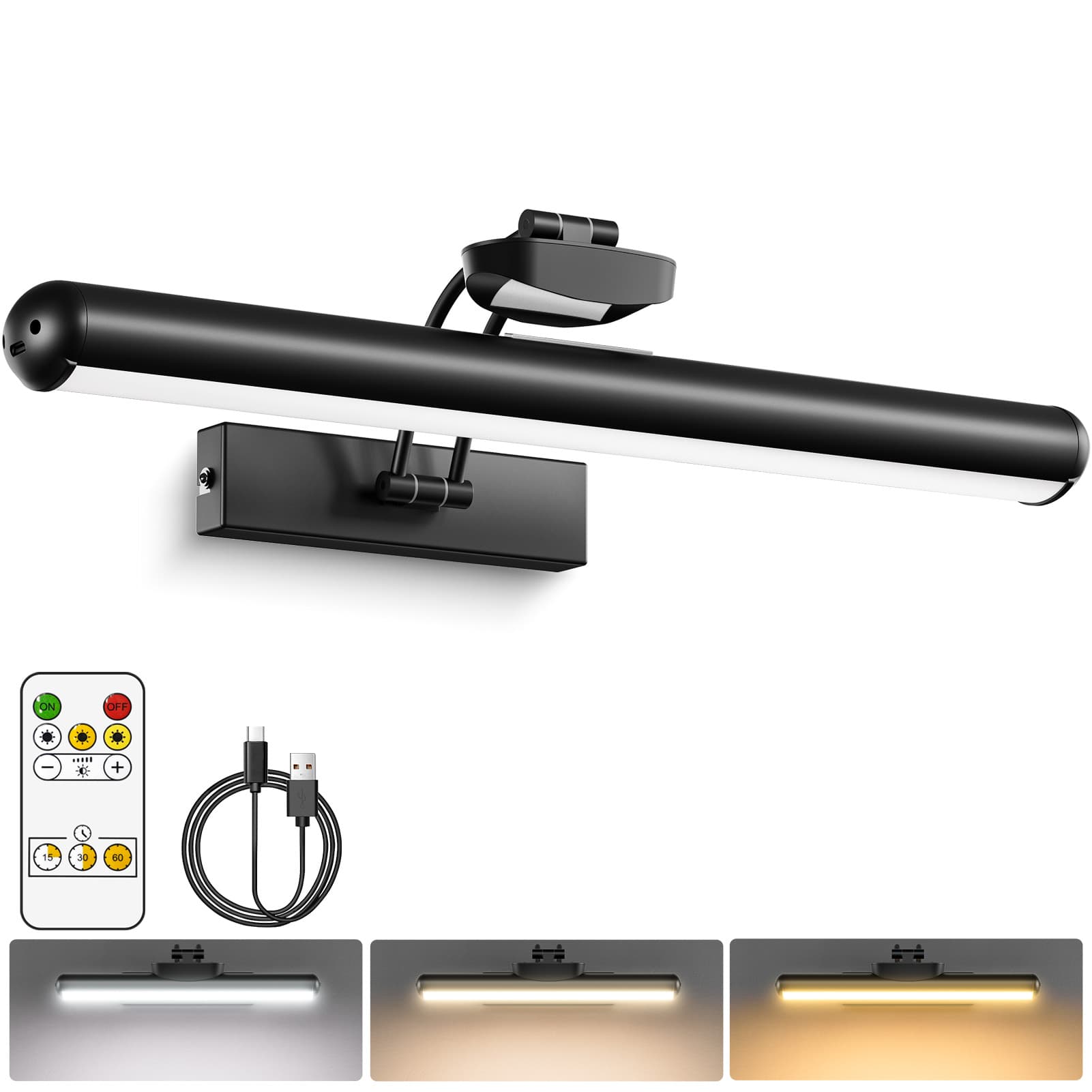 AIXPI YM-TY  Wall wireless picture light, battery powered wall light, used for painting, rechargeable 3CCT rotatable art gallery light, with remote control adjustable dimming timer, used for displaying art frame dartboard (Black, 12.6 inches)  Single pack