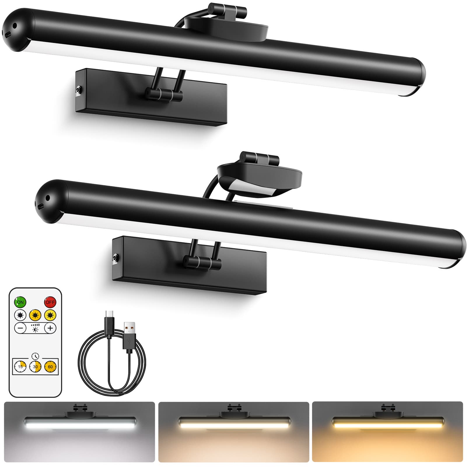 AIXPI YM-TY  Wall wireless picture light, battery powered wall light, used for painting, rechargeable 3CCT rotatable art gallery light, with remote control adjustable dimming timer, used for displaying art frame dartboard (Black, 12.6 inches)  Two packs